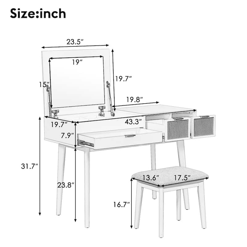 43.3" Classic Wood Makeup Vanity Set with Flip-top Mirror