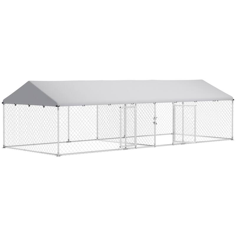 PawHut Two Room Outdoor Dog Kennel with Roof, Waterproof UV-Resistant Cover, Secure Lock,for Small to Large Breeds - 19.7' x 7.5' x 5.2'