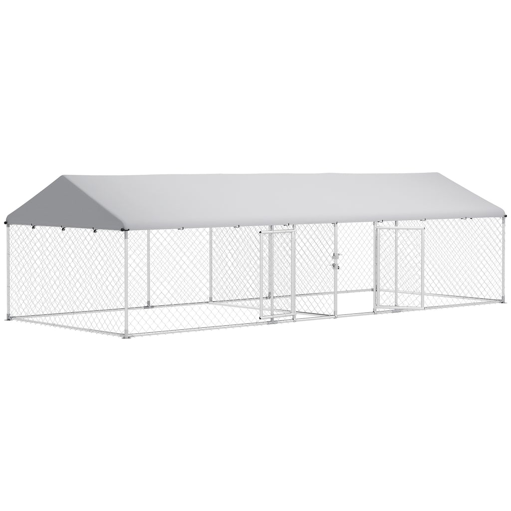 PawHut Two Room Outdoor Dog Kennel with Roof, Waterproof UV-Resistant Cover, Secure Lock,for Small to Large Breeds