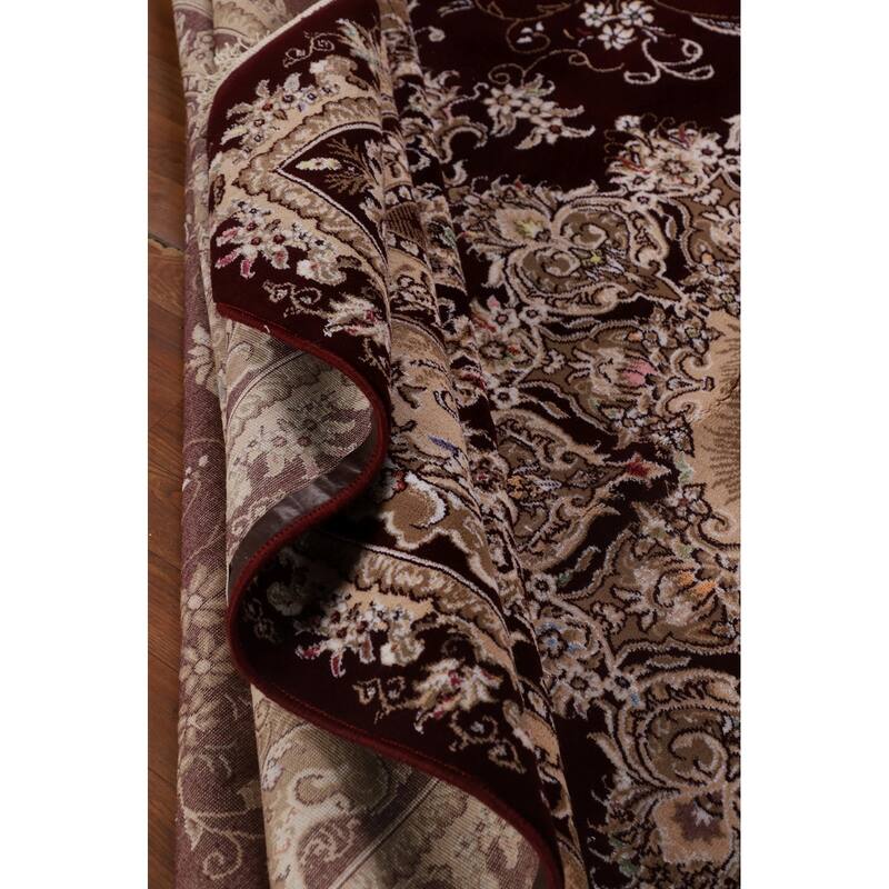 Burgundy Medallion Tabriz Area Rug Machine Made Carpet - 9'9" x 13'2"