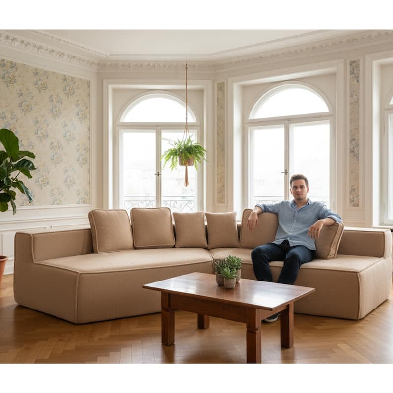 132"Oversized Teddy Fabric Modular Sectional Sofa,Full-Foam Cushion Design with Ultra Soft Feel with Six Cushions