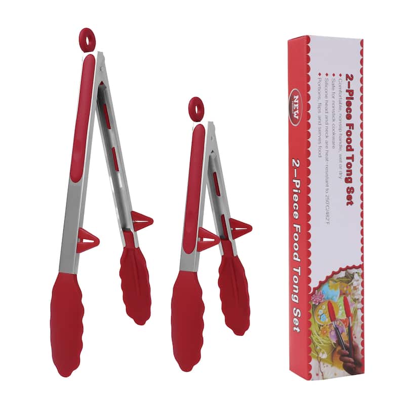 Kitchen Tong Set for Cooking Stainless Steel Tongs Stands Silicone 2Pcs Burgundy