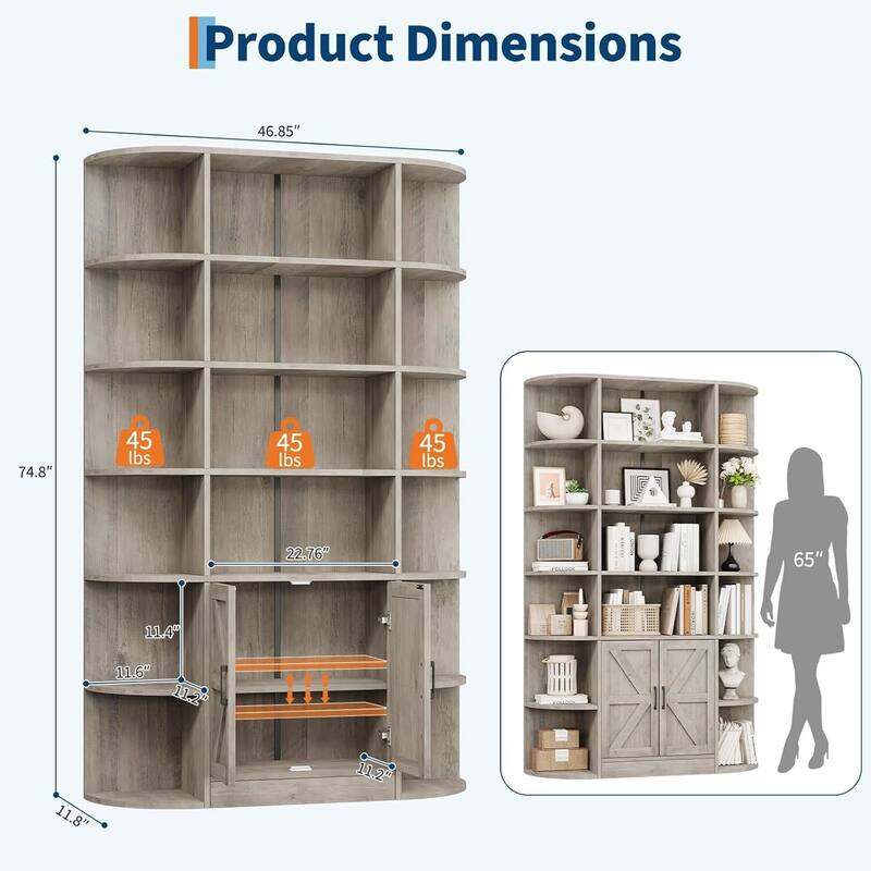 6 Tier Freestanding Bookcase with Storage Cabinet for Living Room Home Office