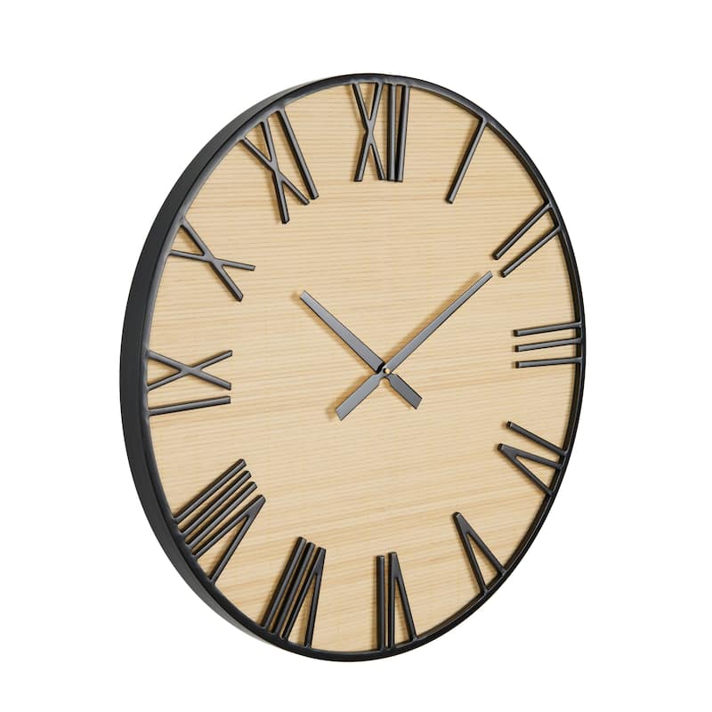 Wooden Wall Clock with Black Metal Numbers and Frame - Light Brown - Roche River Decor - 2"W x 28"L x 28"H