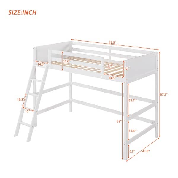 White Twin Solid Wood Loft Bed with Ladder & Fence