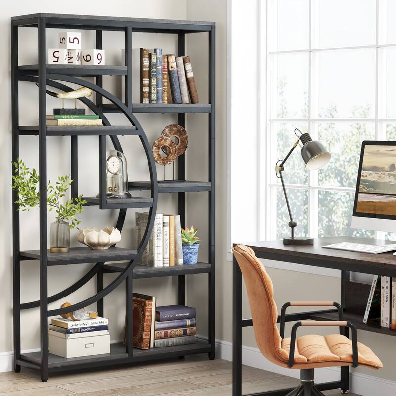 Industrial Etagere Bookcase with 8-Open Storage Shelf, Tall Geometric Book Shelves