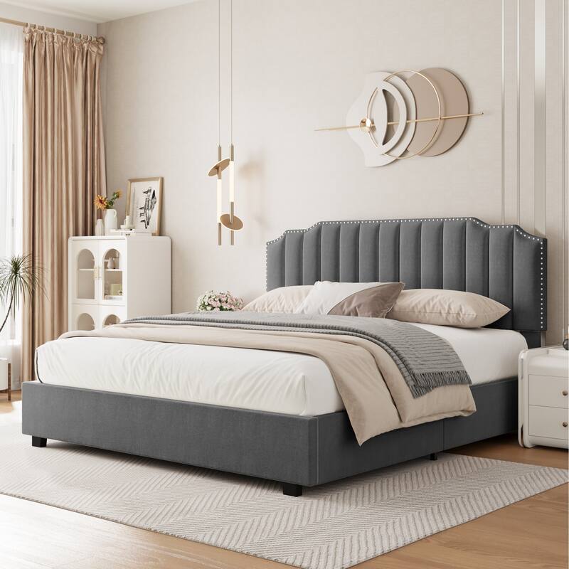 Queen Size Velvet Beds with Lift Up Storage - Grey