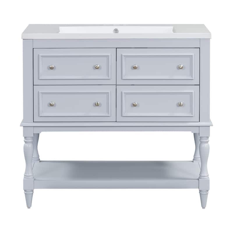 36 inch MDF Freestanding Bathroom Vanity Set with Integrated Resin Sink with Mirror cabinet
