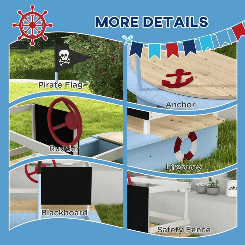 Blue Pirate Ship Kids Sandbox with Seats Storage and Fir Wood Construction for Ages 3 to 7 Years - 68" L x 44" W x 39.25" H