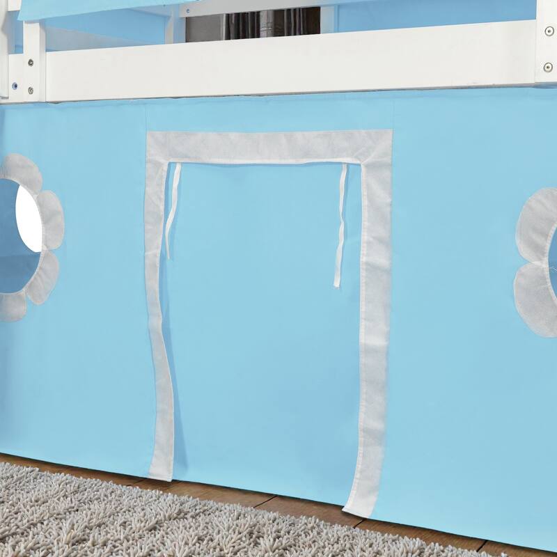 Kids Loft Bed with Slide, Tent and Tower, Solid Wood Castle Playhouse Loft