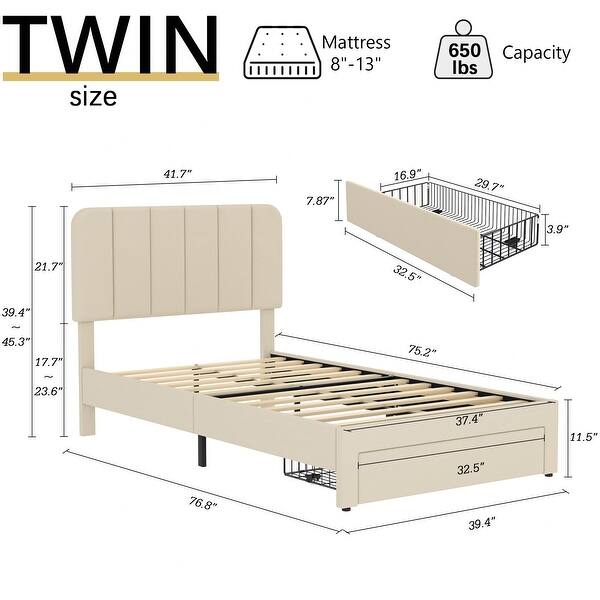 dimension image slide 0 of 4, VECELO 2-Pack Kid Bed Frame Set Twin Size Platform Bed with Adjustable Upholstered Headboard Storage Drawer No Box Spring Needed