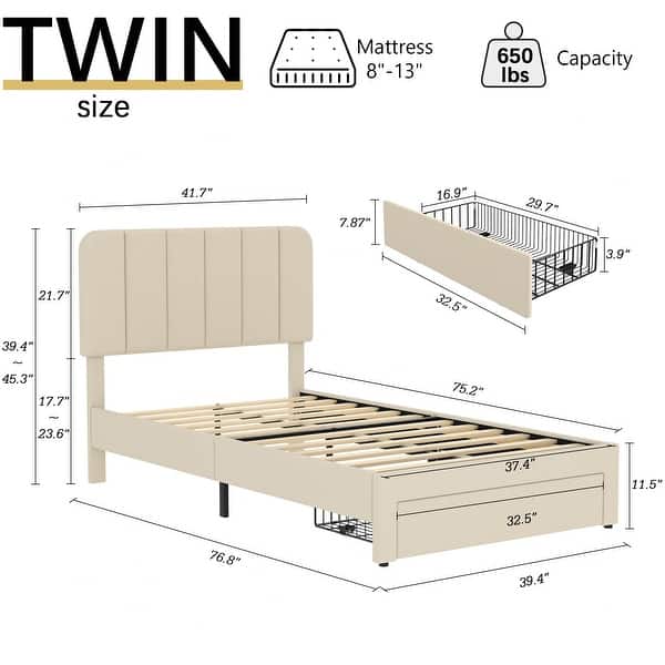 dimension image slide 0 of 4, VECELO Kids Bed Frame, Plantform Beds with Storage Drawer, Height Adjustable Upholstered Bed, Twin Size Bed Set of 2