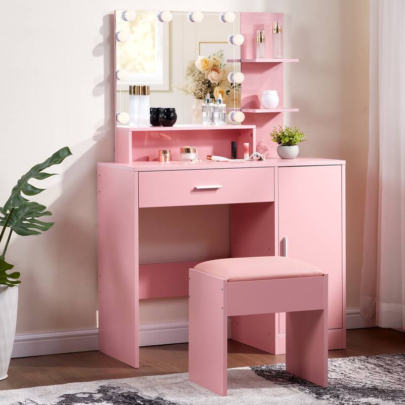 Vanity Set Pink Particle Board 1 Drawer 1 Door 3 Shelves Lamp - 29.53" x 15.55" x 53.27" - Pink