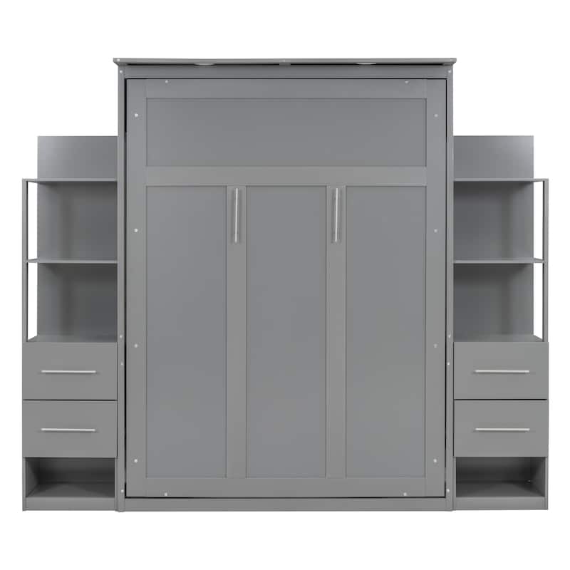 Full Size Murphy Bed Wall Bed with Shelves, Drawers and LED Lights,Gray