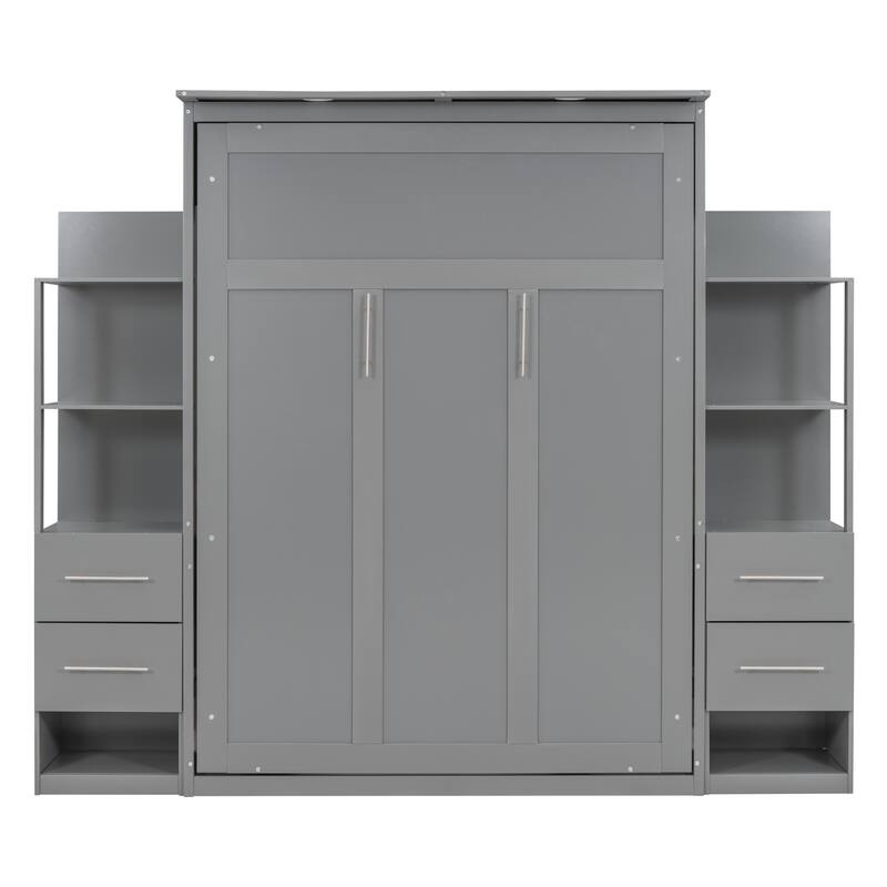 Space-Saving Full Size Murphy Bed with Storage, LED Night Lamp, and Flexible Slat Mattress Support