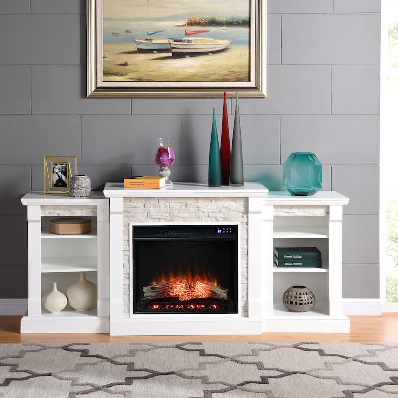 SEI Furniture Remote Controlled LED Electric Fireplace with Mantel in White Stone and Storage - Mirrored Reflector Firebox