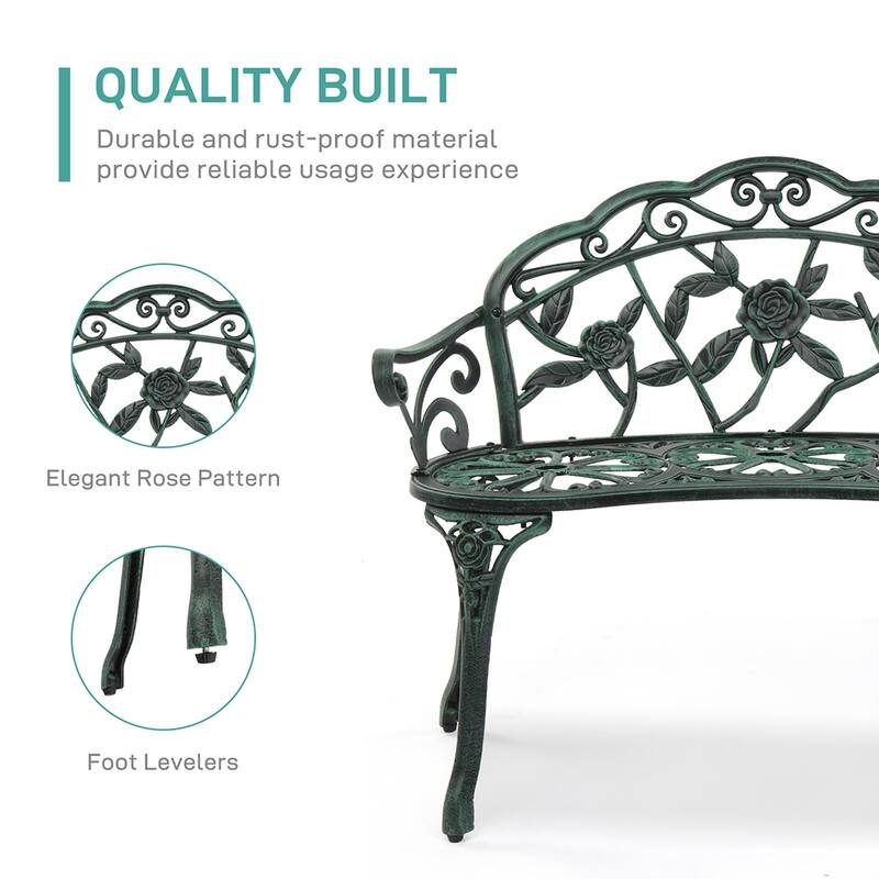 Outdoor Cast Aluminum Patio Bench with Curved Legs Rose Pattern