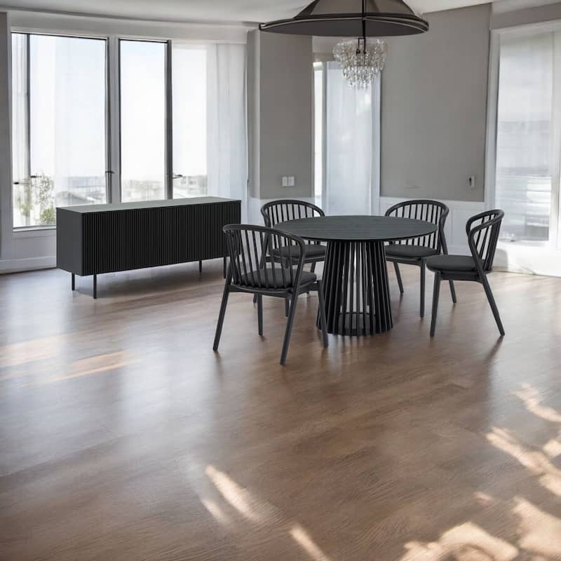 HomeRoots Six Piece Black Round Dining Set with Four Chairs and Sideboard - 47' X '30' X '47 - Black