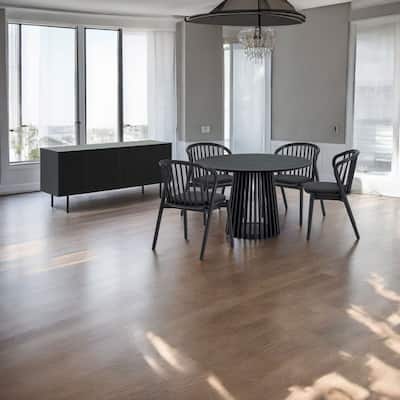 HomeRoots Six Piece Black Round Dining Set with Four Chairs and Sideboard