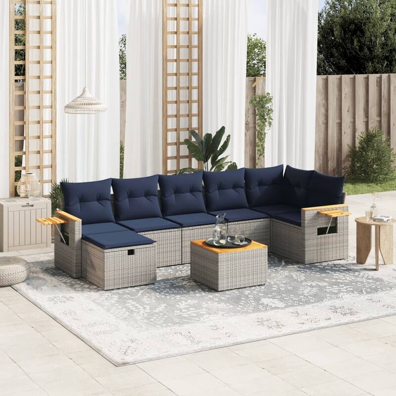 vidaXL Patio Sofa Set with Cushions Outdoor Conversation Furniture Poly Rattan - 24.4" x 24.4" x 27.2" - Gray with table
