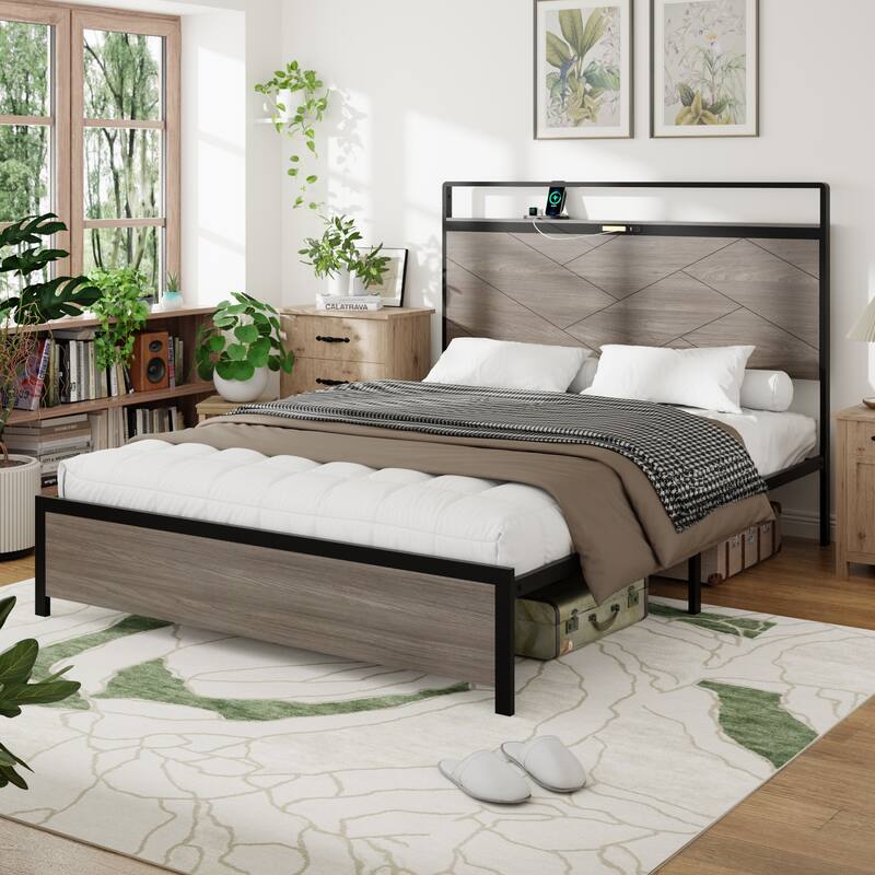 Roomfitters Wood Platform Bed Frame with Charging Station, Illuminated Headboard & Large Under-Bed Storage, Antique Grey