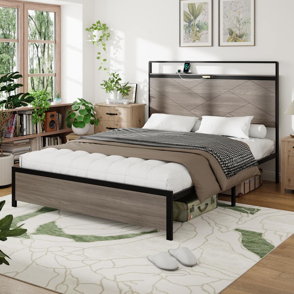 Roomfitters Wood Platform Bed Frame with Charging Station, Illuminated Headboard & Large Under-Bed Storage, Antique Grey