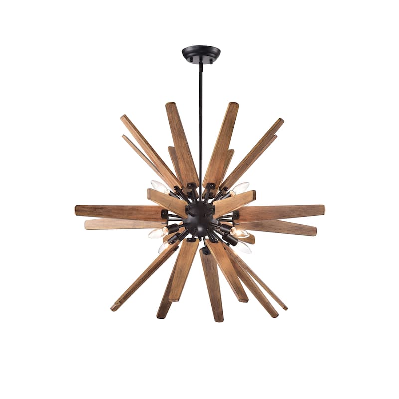 Bernice 8-light Antique Black Sputnik Natural Wood Chandelier