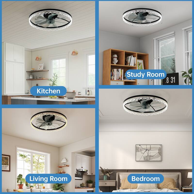 LunaDrift 16"20"24" Modern Black Crystal Smart Flush Mount Ceiling Fan with Light, Dimmable Bedroom Ceiling Fan w/Remote