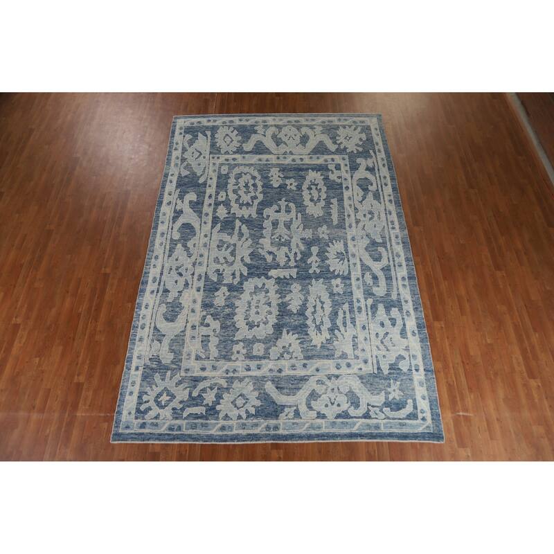 Hand Knotted Oriental 100% Wool Carpet Transitional All-Over Navy Blue & Blues Oushak Area Rug - 11' 10'' X 7' 11''