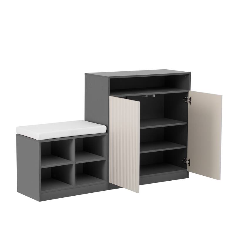 Bayliy 2 Doors Storage Cabinet with Shoe Bench and Adjustable Shelves