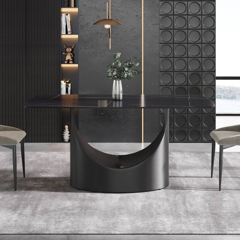 Modern Dining Table for 4-6, Sintered Stone Dining Table Top with Carbon Steel Pedestal Table