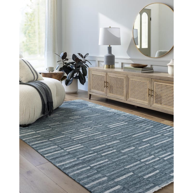 Madilyn Mid-Century Modern Stripe Fringed Area Rug - 5' x 8' - Navy Blue/White