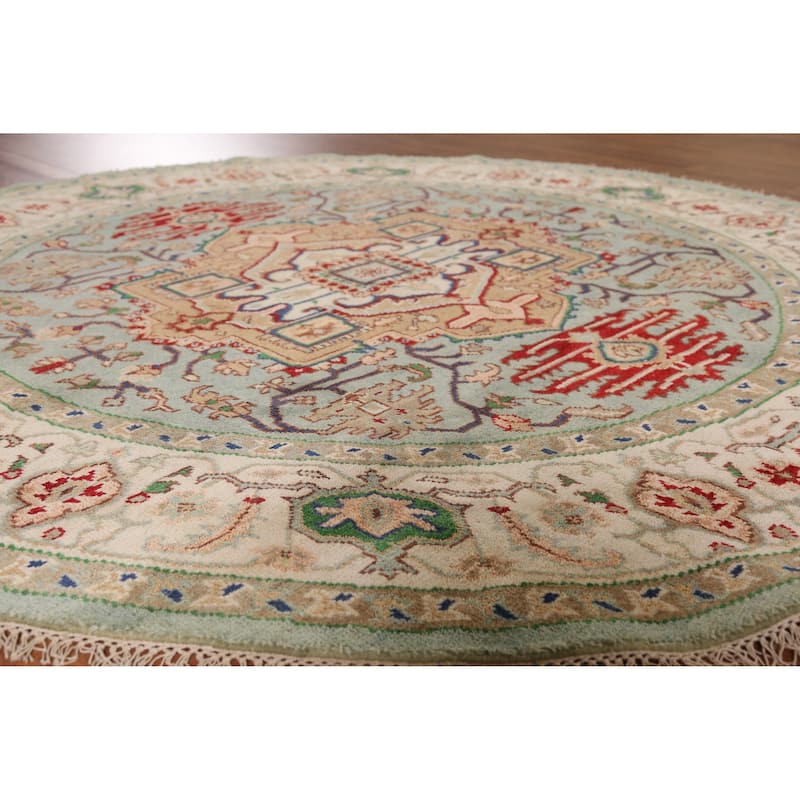 Medallion Heriz Serapi Indian Round Area Rug Hand-Knotted Wool Carpet - 7'10" x 7'10"