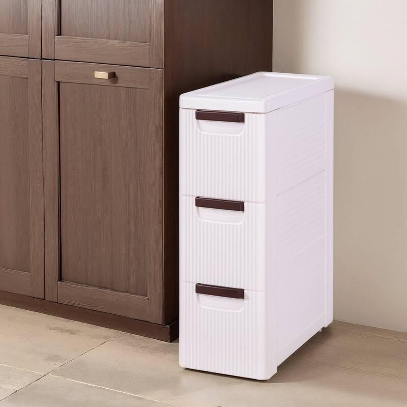 VECELO Slim Rolling Storage Bin 3/4/5-Tier Rolling Storage Cabinet with Drawers for Bedroom Bathroom Kitchen and Living Room - 3-tier - White