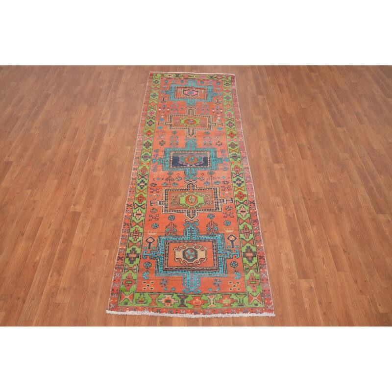 Hand Knotted Oriental 100% Wool Carpet Traditional Geometric Oranges & Rust Heriz Runner Rug - 8' 8'' X 3' 0''