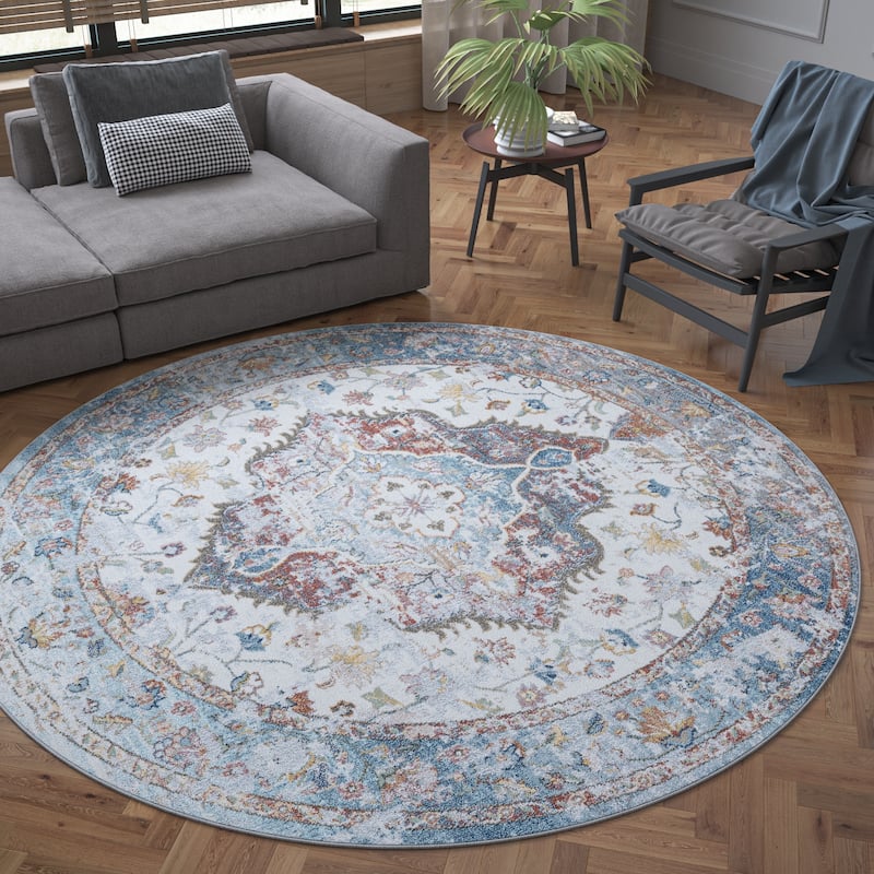 Rayna Farmhouse Medallion Indoor Area Rug - 7'10'' Round - Gray