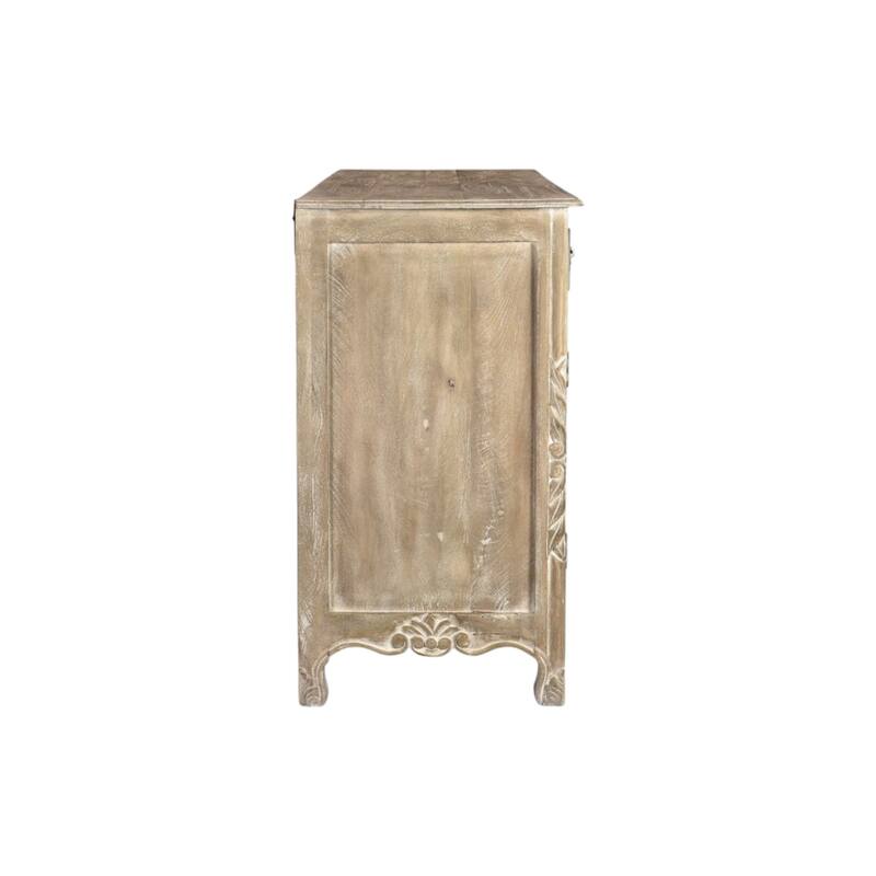 HomeRoots 66" Gray Distressed Solid Wood Carved Floral Six Drawer Sideboard with Two Doors - 66.00 in. x 36.00 in. x 20.00 in.