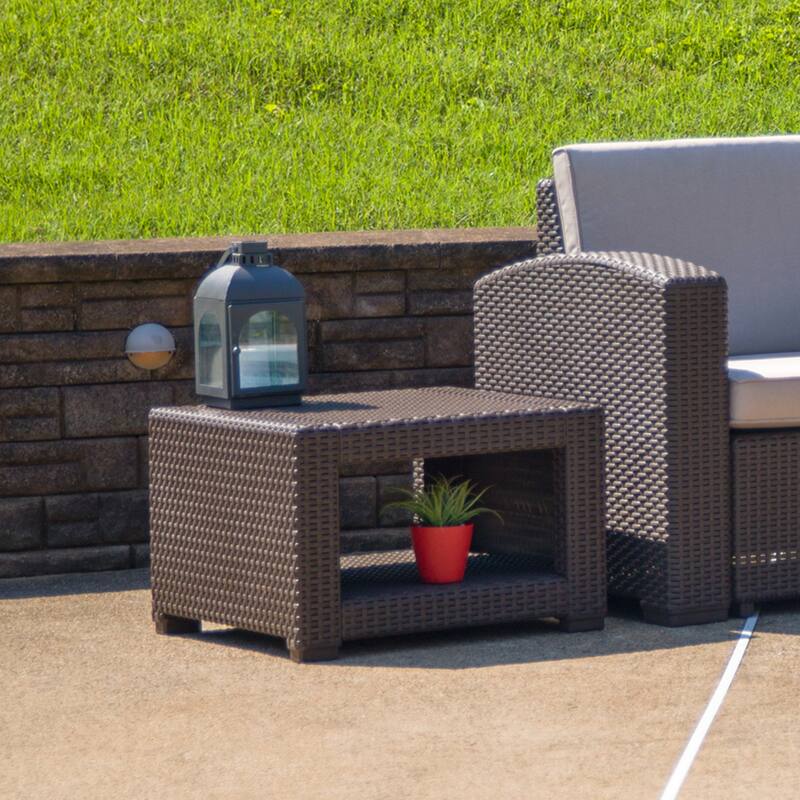 Chocolate Brown Faux Rattan End Table - Outdoor Accent Table - Patio Table - 22"W x 22"D x 15.25"H - 22"W x 22"D x 15.25"H - Chocolate Brown - 22"W x 22"D x 15.25"H