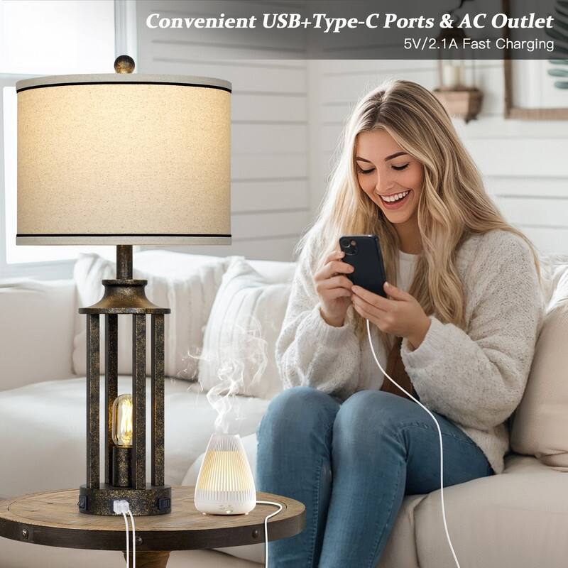 27.5'' Black Industrial Table Lamp with USB-C Fast Charging, Dual Lighting(Set of 2) - 12.5'' x 12.5'' x 27.5''
