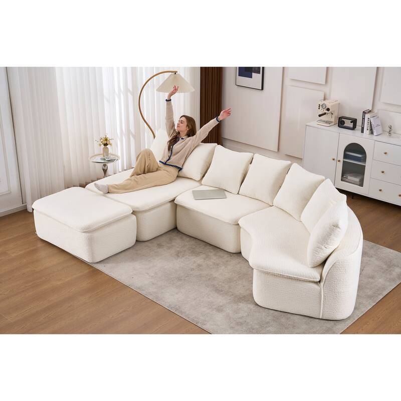 U-Shaped Modular Sectional Sofa with Ottoman, Woodgrain Chenille Deep Seat Boneless Couch, Compression Sofa with Pillows