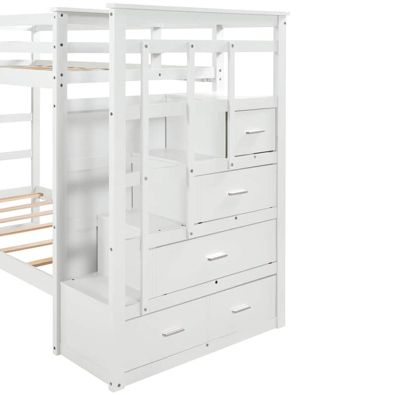 Hardwood Twin Over Twin Bunk Bed with Trundle and Staircase