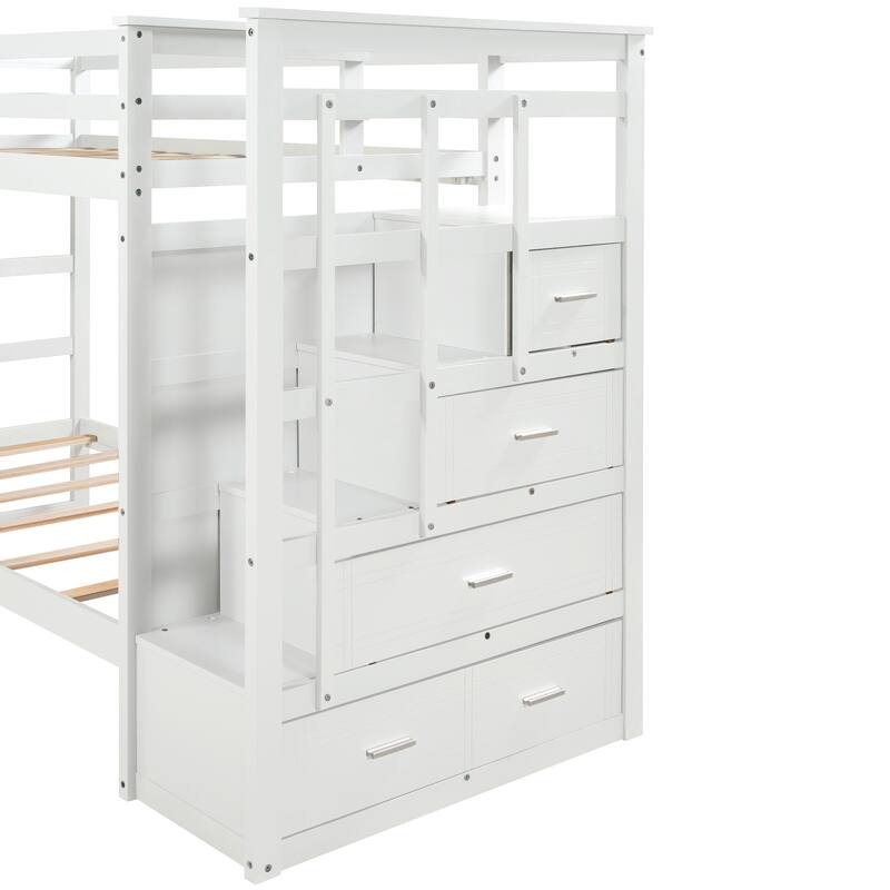 Wood Twin Over Twin Bunk Bed with Trundle and Staircase