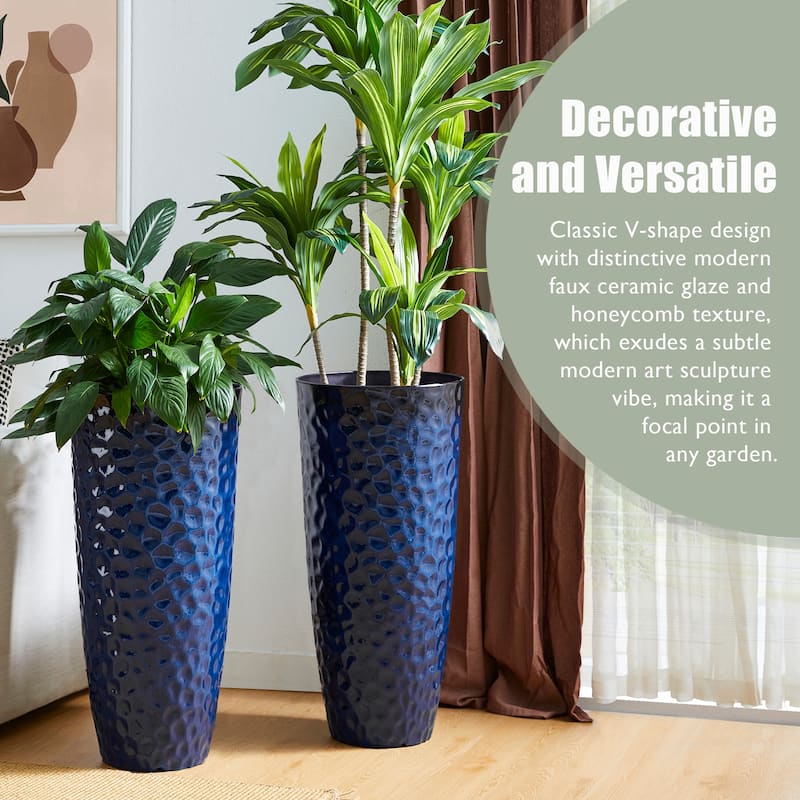 Glitzhome 31" H Oversized Tall Planter Honeycomb Textured Gradient Cobalt Blue Garden Plant Pots with Drainage Holes (Set of 2)