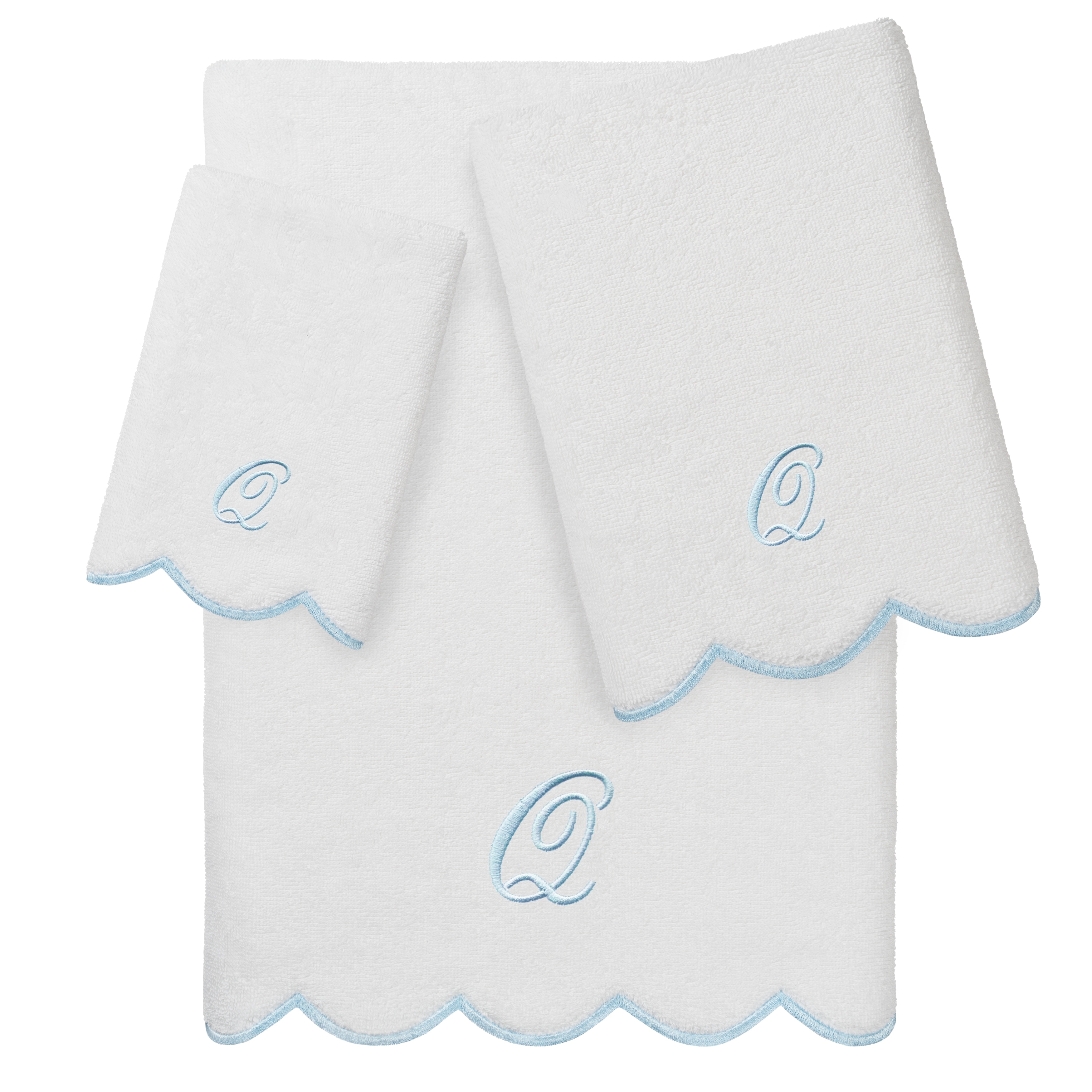 Authentic Hotel and Spa 100% Turkish Cotton Blue ADORNIA Scallop Personalized 3 Piece Towel Set - 3 Piece Set