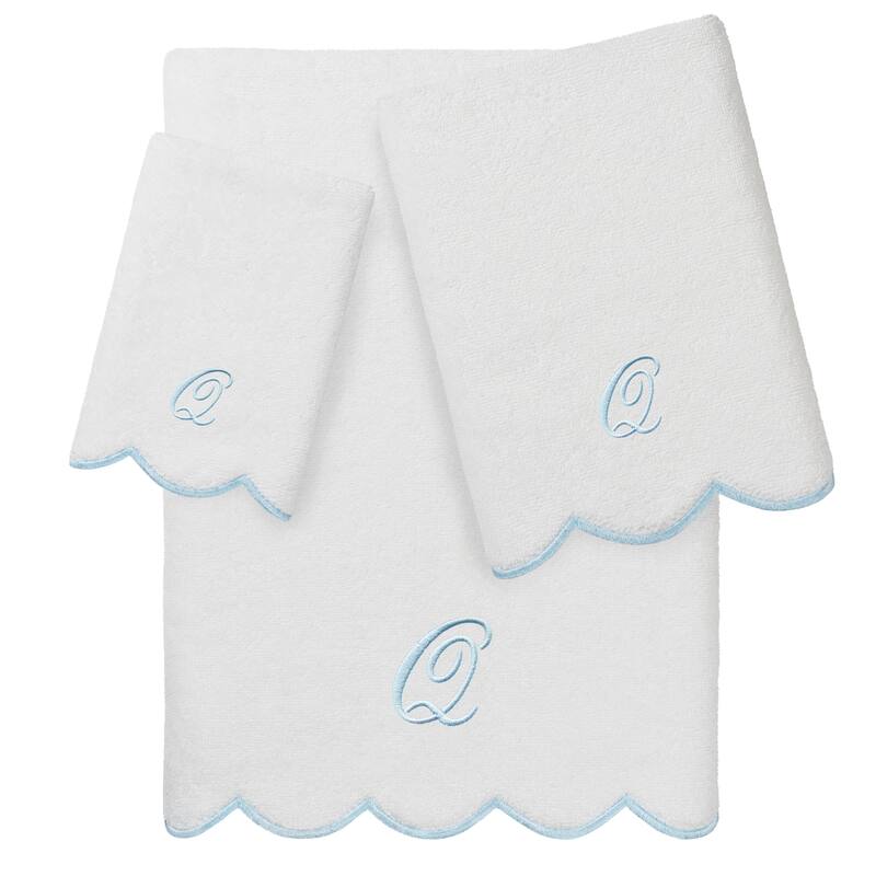 Authentic Hotel and Spa 100% Turkish Cotton Blue ADORNIA Scallop Personalized 3 Piece Towel Set - 3 Piece Set - Q