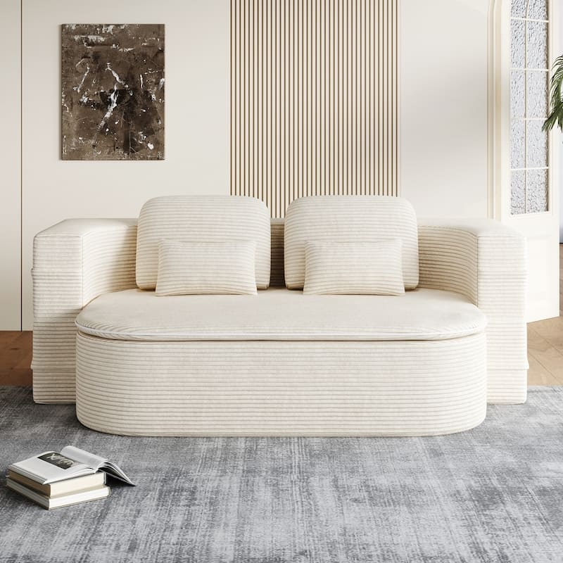 Folding Mattress Sofa with Fixed Shape Frame Convertible Sleeper Foam Sofa Bed with Blanket - Beige/Corduroy