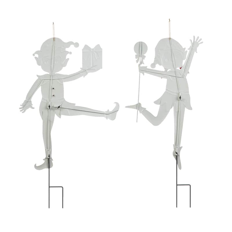 Glitzhome Set of 2 36"H Christmas Metal Snowman Santa or Dancing Elf Yard Stake Standing Hanging Decor