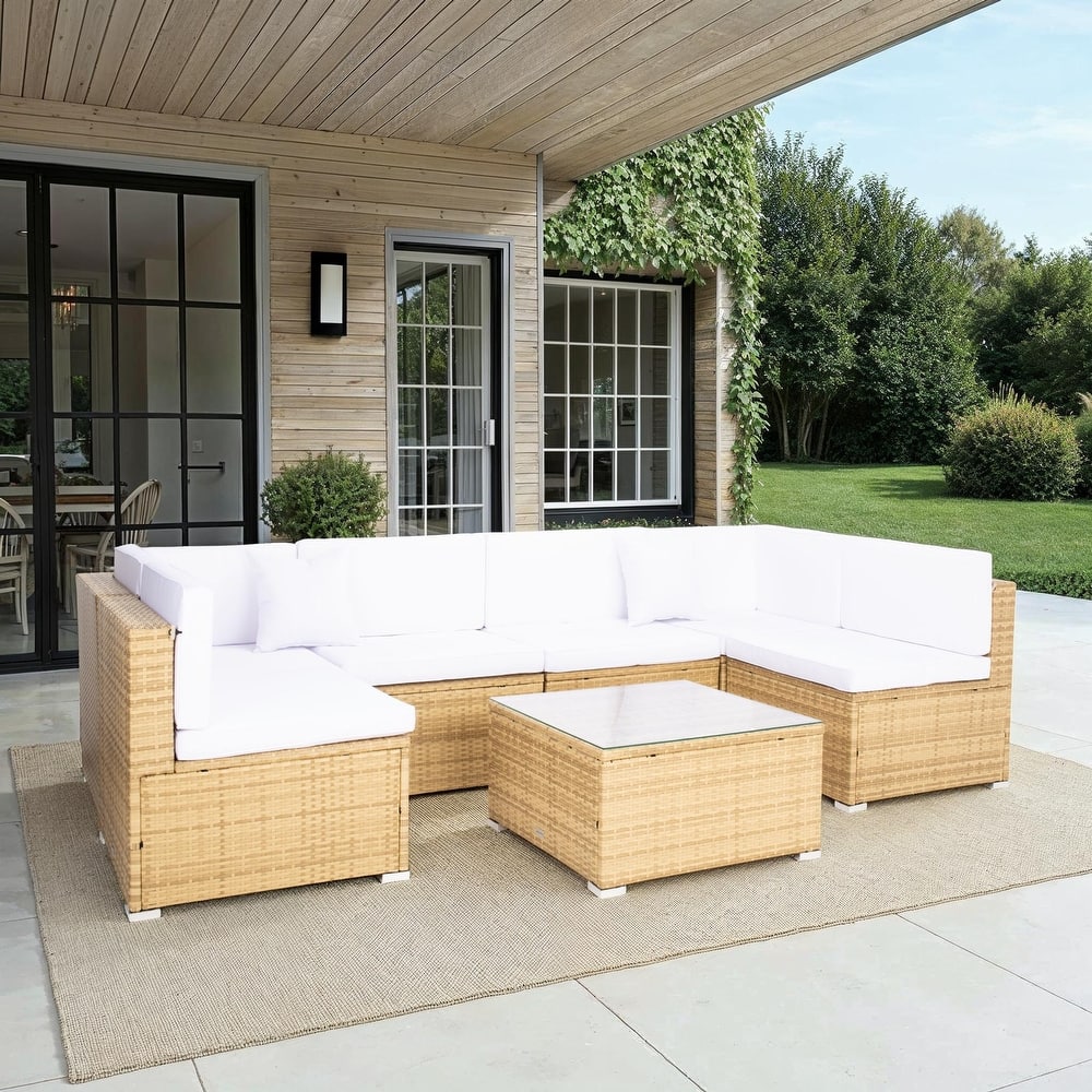 SAFAVIEH Outdoor Patio Furniture Angeles Sectional Seating Set with Glass Top Coffee Table - 23W x 26D x 26H