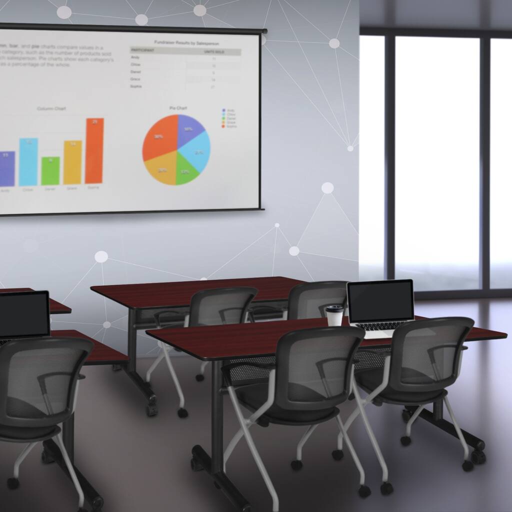 72" x 30" Flip Top Mobile Training Table with Modesty Panel- Mahogany and 2 Nesting Chairs