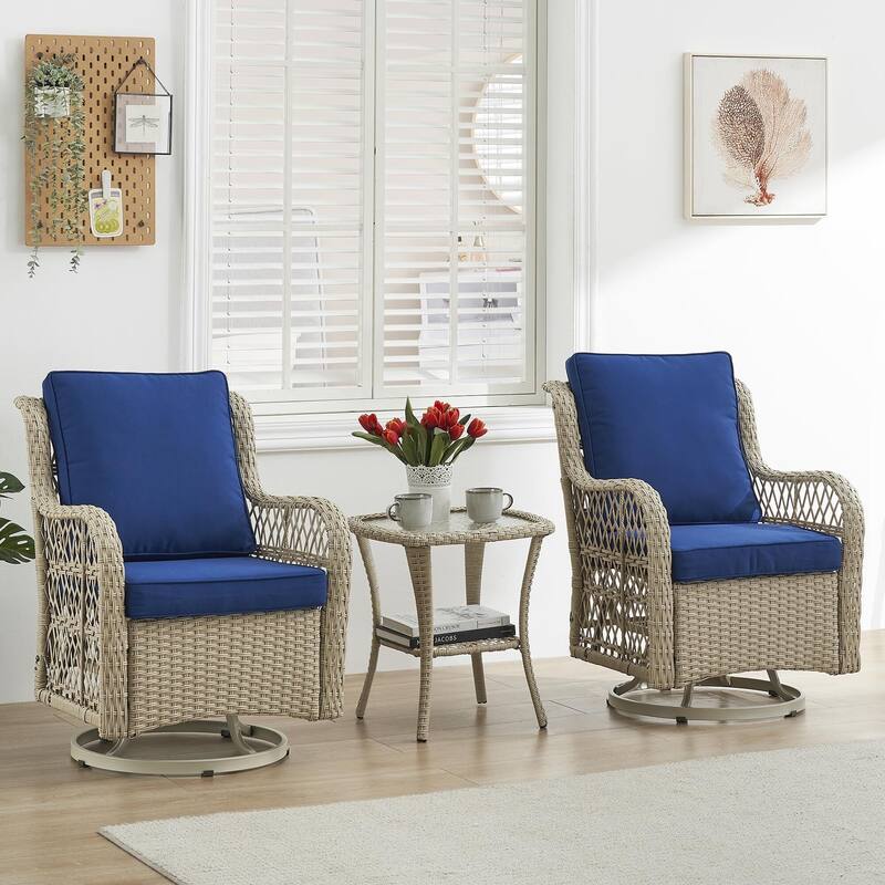 3 Piece Patio Furniture Sets Wicker Swivel Rocker Chairs - Light Beige
